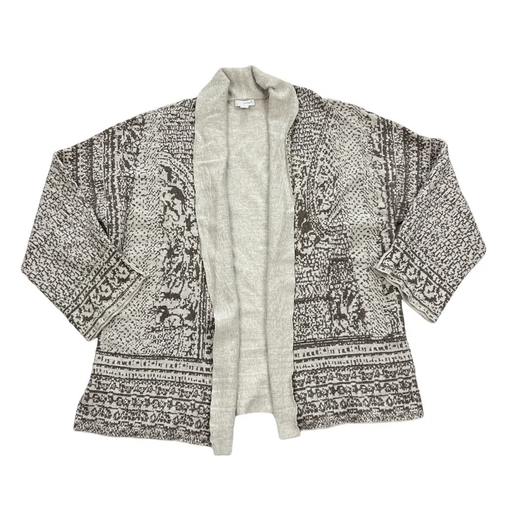 Pure Jill J. Jill Cream Brown Jacquard Open Front Cardigan Sweater